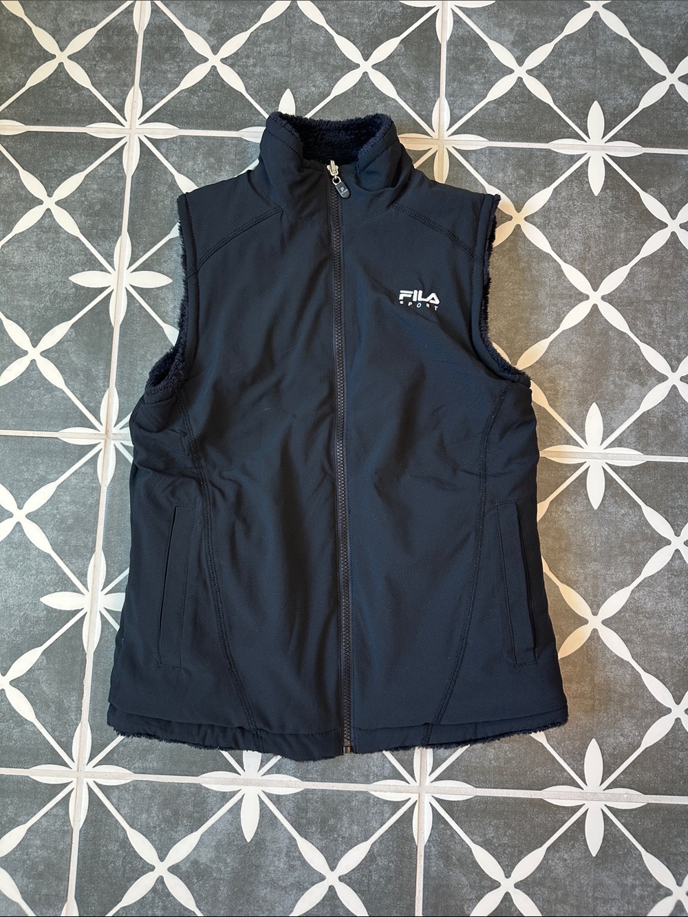 Fila Black Reversible Plush Sherpa Zip Front Vest
